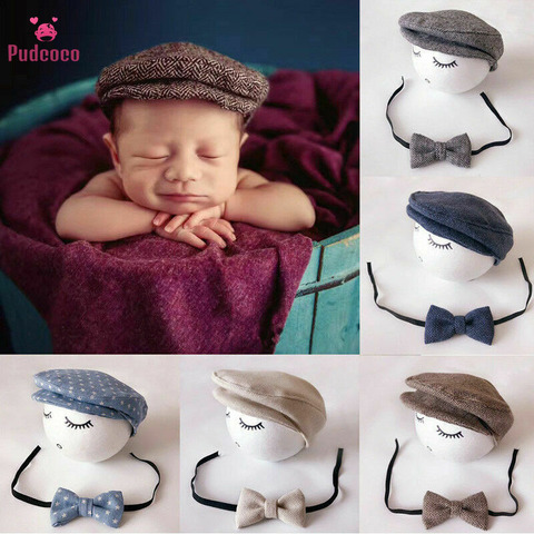 2022 Newborn Photo Props Baby Boys Beret Hat + Bow Tie Set Newborn Newborn Photography Props Gentleman Cap Photo Outfit ► Photo 1/6