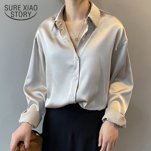 2022 Autumn Button Up Satin Silk Shirt Women Vintage Blouse Women White Lady Long Sleeves Female Solid Loose Shirts Blusas 11355 ► Photo 1/6