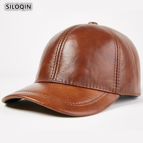 SILOQIN Adjustable Size Men's Warm Genuine Leather Hats Cowhide Leather Baseball Cap  Autumn Winter Women's Ponytail Tongue Caps ► Photo 1/6