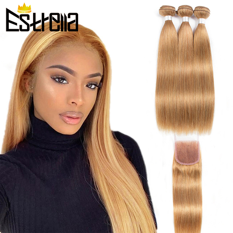 Peruvian Straight Human Hair Bundles with Closure Honey Blonde Human Hair Bundles With Closure Remy Ombre Human Hair Extension ► Photo 1/6