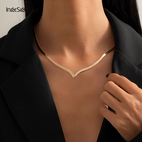 IngeSight.Z Simple Minimalist Copper Flat Snake Chain Choker Necklace Punk V-Shaped Short Collar Clavicle Necklace Women Jewelry ► Photo 1/6