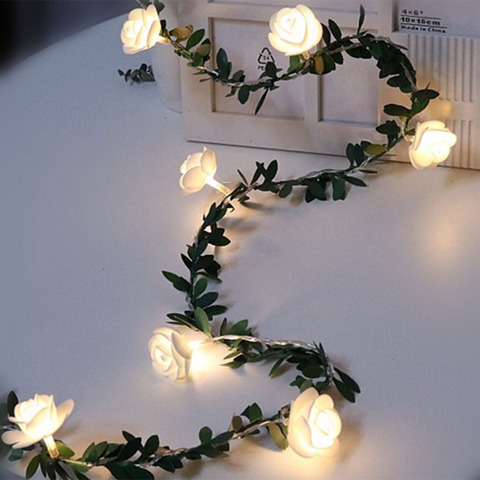 Rose Flower Vine String LED Lights Decoration Green Leaf Garland Battery/USB/Solar Powered 3m 5m 10m Warm White Fairy Lights ► Photo 1/6