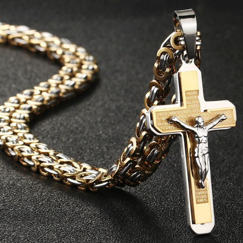 Gothic Bible Cross Crucifix Jesus Pendants Necklaces Stainless Steel Byzantine Link Chain Necklaces for Men Boys Prayer Jewelry ► Photo 1/6