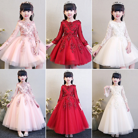 Elegant Pink Appliques Tulle Flower Girl Dress for Wedding Princess Long Sleeve Kids Party Prom Dress First Communion Dresses ► Photo 1/6