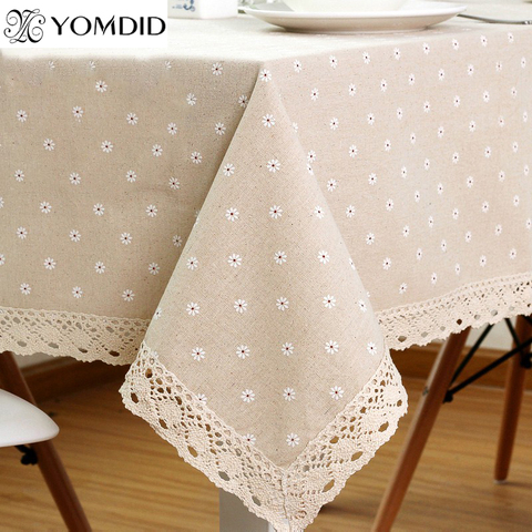 Daisy Flower Pattern Tablecloth Hot Sale Linen and Cotton Lace Edge Rectangular Table Cloth Home Hotel Textile ► Photo 1/6
