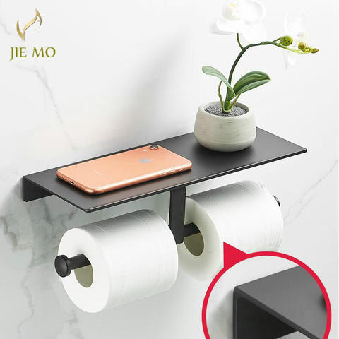 Space Aluminum Black Paint Double Paper Holder Wall Mounted Bathroom Accessories Phone Rack Toilet Shelf roll holder ► Photo 1/6