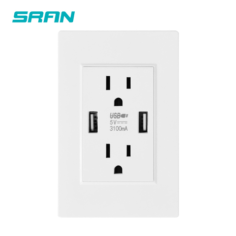 SRAN US standard dual usb wall socket,double 2.1A socket with usb，white/black/gold pc flame retardant panel 118mm*76mm ► Photo 1/6