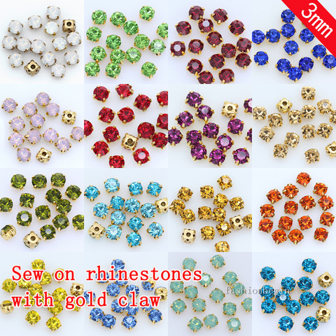 100p 3mm color Sew on crystal glass Diamante Rhinestone jewels Gold Cup Claw Montees 4hole Sewing Stone Beads DIY craft clothes ► Photo 1/3