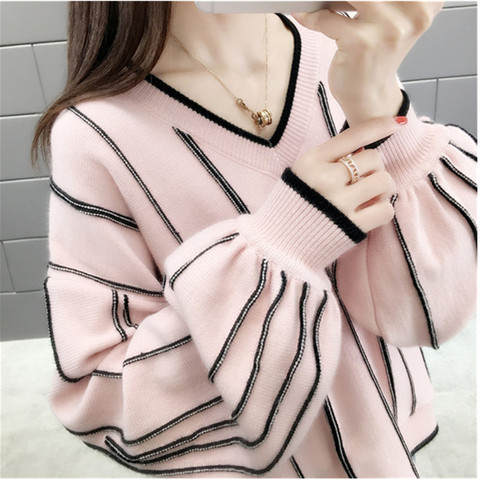 Autumn Winter 2022 New Knitted Sweater Women Loose wild Fashion V Neck Striped Pullover Patch Pull Femme lady Top кофта женская ► Photo 1/6