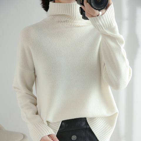 Super soft 100% wool new cashmere sweater women's high collar thickened loose loose solid color long sleeve sweater simple lazy ► Photo 1/6