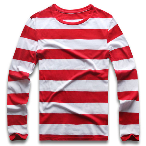 Red White Striped Long Sleeve T Shirts Tees for Men Round Neck Colorful Black White Stripes Men Casual ► Photo 1/6