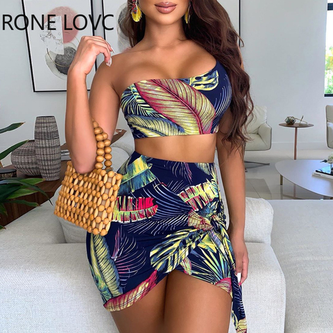 Women Off Shoulder Tie Front Top & Tropical Print Skirt Set  Casual 2 Pieces Set ► Photo 1/3