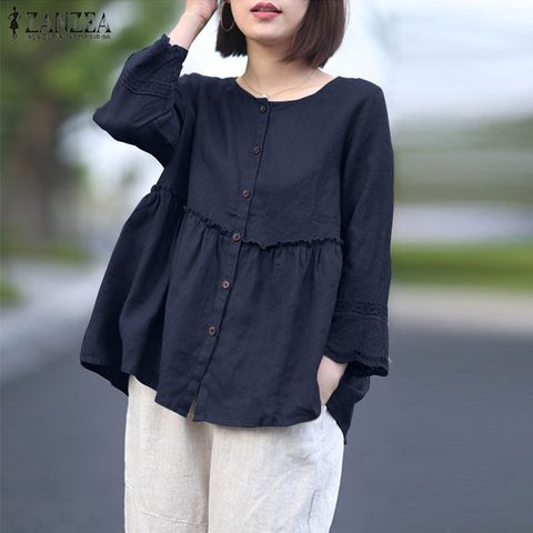 ZANZEA Solid Cotton Linen Blusas Women's Blouse Summer 3/4 Sleeve Lace Crochet Shirt Elegant Buttons Down Tops Ruffles Chemise ► Photo 1/6