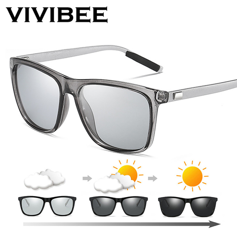 VIVIBEE Color Change Grey Frame Photochromic Polarized Sunglasses Men Square Classic Chameleon Glaases Transition Lens Eyewear ► Photo 1/6