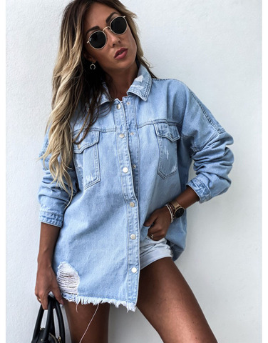 2022 Women Long Denim Jackets Coat Autumn Winter Turn Down Collar Oversized Longline Hole Ripped Boyfriend Denim Jacket Outwear ► Photo 1/4