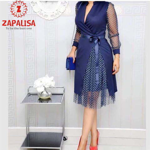 Zapalisa 2022 Office Lady Spring Dresses Women Slit See Through Lace Patchwork Belt Bandage Dress Polka Dot A-Line Elegant Dress ► Photo 1/6