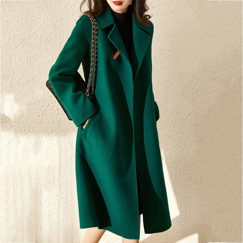 Women Elegant Retro Wool Coat with Belt 2022 Winter Warm Overcoat Outwear Plus Size Female Korean High Quality Green Blends Coat ► Photo 1/6