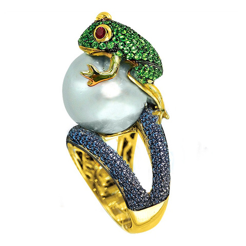 Huitan Cute Animal Ring Jumping Frog Shaped Fancy Rings Birthday Gift For Children Rough Surface With Simulated Pearl Ring ► Photo 1/5