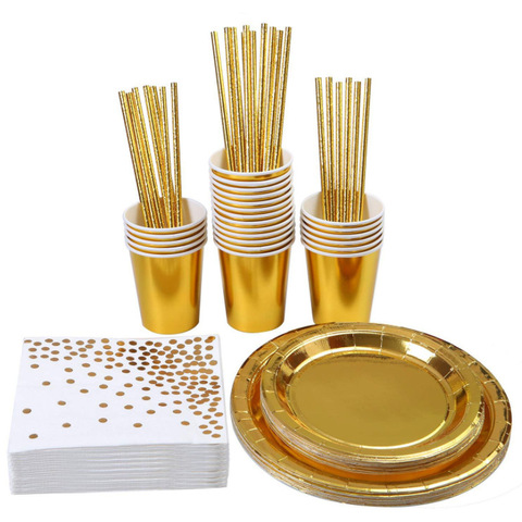 100pcs  Blue Gilded Gold Party Tableware Cup Plate Napkin Straw Wedding Anniversary Party Decoration 030 ► Photo 1/6