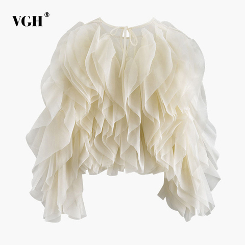 VGH Elegant Patchwork Ruffle Chiffon Blouses Women O Neck Lantern Long Sleeve Loose Shirt Female Clothes Fashion Summer 2022 New ► Photo 1/6