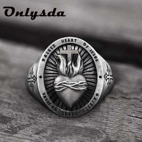 Wholesale 316L Stainless Steel Ladies Mens Biker Punk Sacred Heart Of Jesus God Ring Cross Amulet Jewelry For Man Gift OSR607 ► Photo 1/5