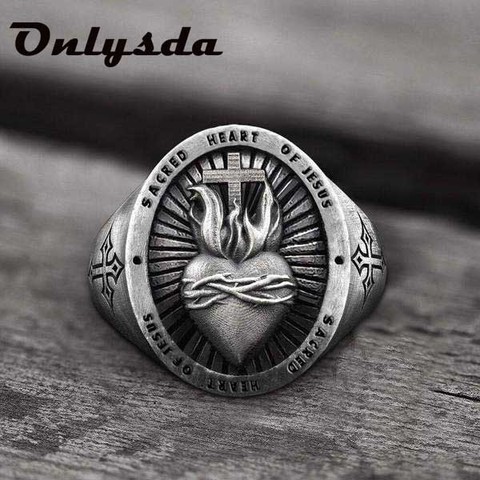 Wholesale 316L Stainless Steel Ladies Mens Biker Punk Sacred Heart Of Jesus God Ring Cross Amulet Jewelry For Man Gift OSR607 ► Photo 1/5