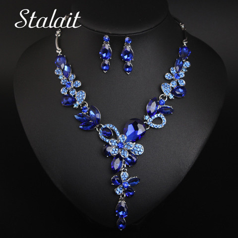 Luxury Big Blue Water Drop Flower Crystal Bridal Jewelry Sets Women Statement Gold Color Necklace Earrings Set For Wedding ► Photo 1/6