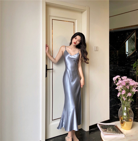 Sexy V Neck Fishtail Slip Satin Dress Thin Straps Tank Dress Casual Long Slim Camisole Lady Beach Cami Female Dresses ► Photo 1/6