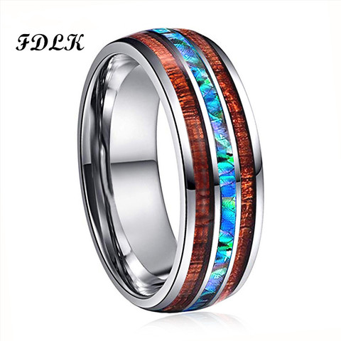 FDLK  Hot Sale Wood Inlay Rings for Men 8 MM Width Shell Stainless Steel Ring Fashion Male Jewelry Party Accessories ► Photo 1/5