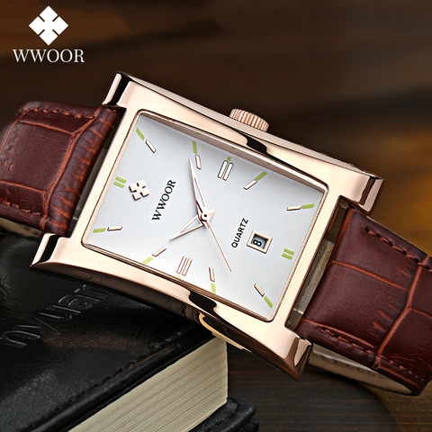 WWOOR Brand Classic Fashion Mens Rectangle Watches Male Gold Brown Leather Quartz Waterproof Wrist Watch For Men Calendar Clocks ► Photo 1/6