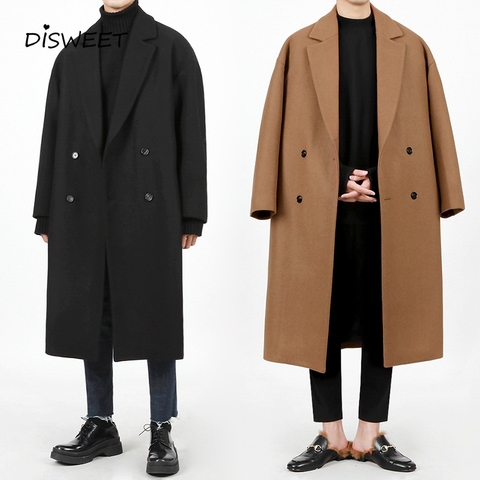 Solid Woolen Padded Coat Male Korean Long Loose Lapel Woolen Coat Men's Simple Slim Warm Double-breasted Jacket Boy 2022 ► Photo 1/6