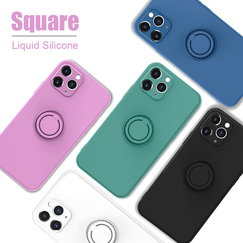 Straight Square Silicone Case For iPhone 12 11 Pro Max Mini XS X XR 7 8 Plus Phone Ring Holder Stand Soft Covers Women Lady Girl ► Photo 1/6