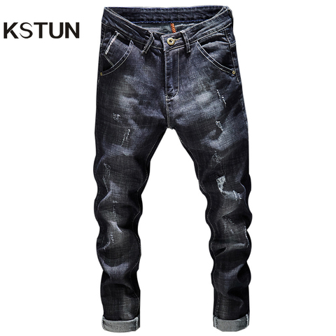 KSTUN Ripped Jeans Men Dark Blue Stretch Slim Fit Distressed Streetwear Denim Pants Casual Retro Biker Jeans Man Trousers Hiphop ► Photo 1/6