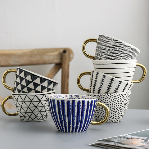 350ml Personalized Handmade Mugs With Gold Handgrip Ceramic Geometry Coffee Cups Irregular Shape Nordic Home Decor Creative Gift ► Photo 1/6