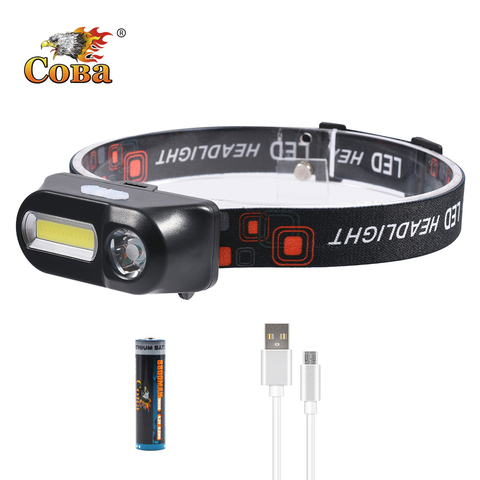Coba led portable headlamp cob strobe headlight 6 modes 2 switch usb rechargeable 18650 battery portable hiking running ► Photo 1/6