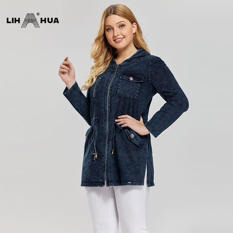 LIH HUA Women's Plus Size Casual Long Style Denim Jacket for Woman Premium Stretch Knitted Denim with Shoulder Pads and Hat ► Photo 1/6