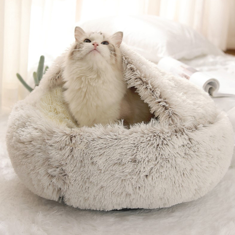 Hot Plush Pet Dog Cat Bed House Warm Round Cat Kitten Bed Semi-Enclosed Winter Cat Nest Kennel Cats Sofa Mat Basket Sleeping Bag ► Photo 1/6