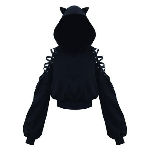 Kawaii Gothic Punk Cat Hoodie Black Sweatshirt Harajuku Lace Up  Cat Ear Long Sleeve Sweatshirt Hooded Pullover ► Photo 1/6