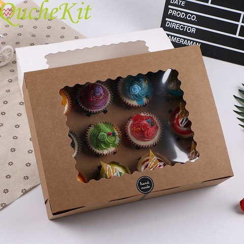 5pcs 12 Cup Muffin Cupcake Box With Cake Tray Kraft Paper Cake Box Wedding Birthday Party Dessert Packaging Case Party Candy Box ► Photo 1/6