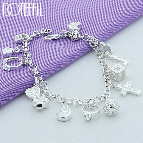 DOTEFFIL 925 Sterling Silver Moon Heart Lock Cross Bracelet For Men Woman Charm Wedding Engagement Party Fashion Jewelry ► Photo 1/6