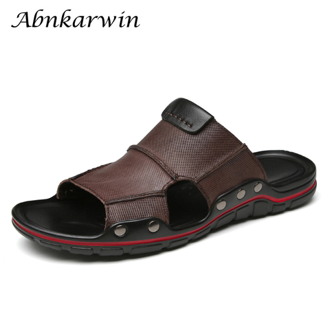 Abnkarwin Men Leather Slides Slippers Summer Shoes Flat Mens Slipper Slipers Outdoor Sleepers News 2022 Chinelo Slide Masculino ► Photo 1/6