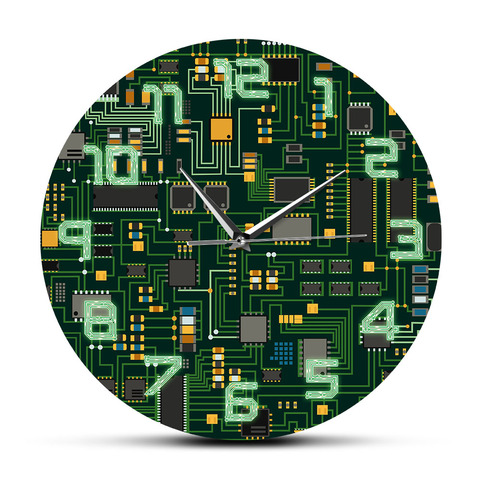 Computer Electronic Chip Circuit Board Geeky Wall Clock Green PC Circuit Board Print Art Wall Watch Engineer Gift Office Decor ► Photo 1/6