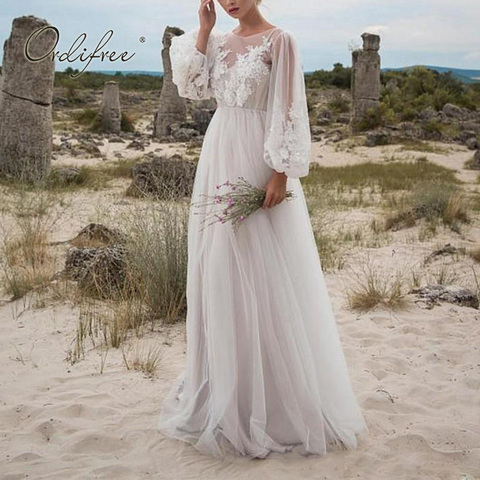 Ordifree 2022 Summer Women Long Tulle Dress Long Sleeve Embroidery White Maxi Tunic Beach Dress ► Photo 1/3