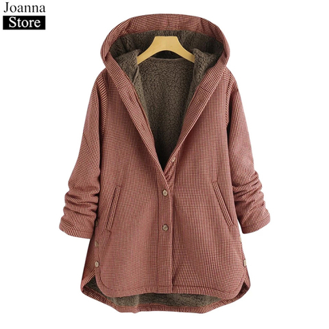 Winter Women hooded Plaid Long Coats Long Sleeve Warm Thicken Plush lining jackets female button Vintage Plus Size Red Outerwear ► Photo 1/6