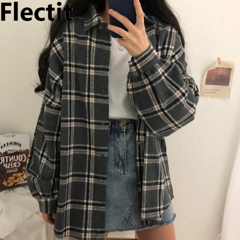 Flectit Flannel Oversized Shirt Long Sleeve Collared Boyfriend Plaid Blouse Fall Winter Women's Blouses & Shirts * ► Photo 1/6