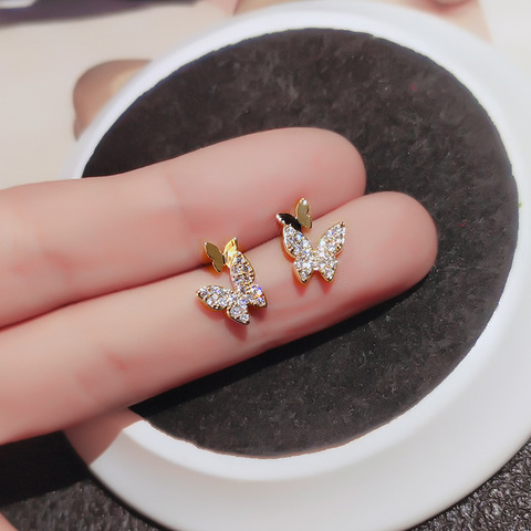 Women Gold Butterfly Ear Stud Earrings Crystal Rhinestone Simple Jewelry Gift