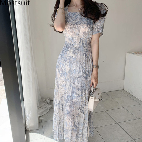 2022 Summer Water-color Printed Korean Chiffon Long Dress Women Short Sleeve Square Collar Belted Pleated Elegant Dresses Femme ► Photo 1/6