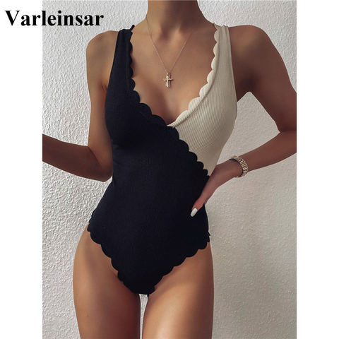 2022 Scalloped Black Beige Splicing High Cut One Piece Swimsuit Women Swimwear Female Ribbed Bather Bathing Suit Swim Lady V2425 ► Photo 1/6