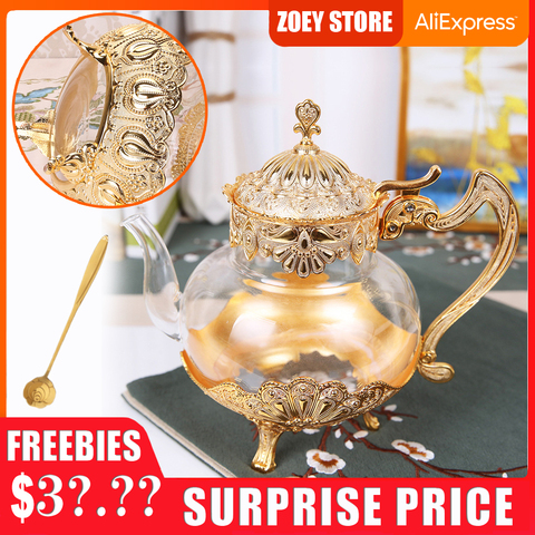 Palace Golden Glass Teapot Kitchen Metal Cold Kettle Coffee Pot European Style Home Decoration Glassware Birthday Wedding Gifts ► Photo 1/6