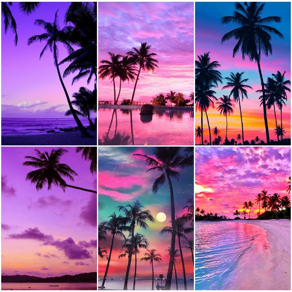 Diamond Painting Tree Sunset Mosaic  5d Diamond Painting Palm Trees -  Diamond - Aliexpress